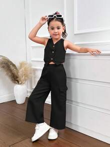 Young Girls's Casual Spring/Summer Plain Woven Sleeveless Vest And Pants Set - Black - View 5