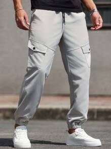Manfinity Homme Men's Solid Color Drawstring Waist Casual Versatile Cargo Pants, 7/8 Length - Grey - View 7