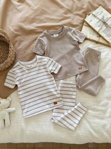 SHEIN LMoss Kids Dozemod 儿童男婴 4 件套舒适贴身纯色条纹圆领短袖上衣和紧身裤睡衣套装 - 棕色 - 查看 6