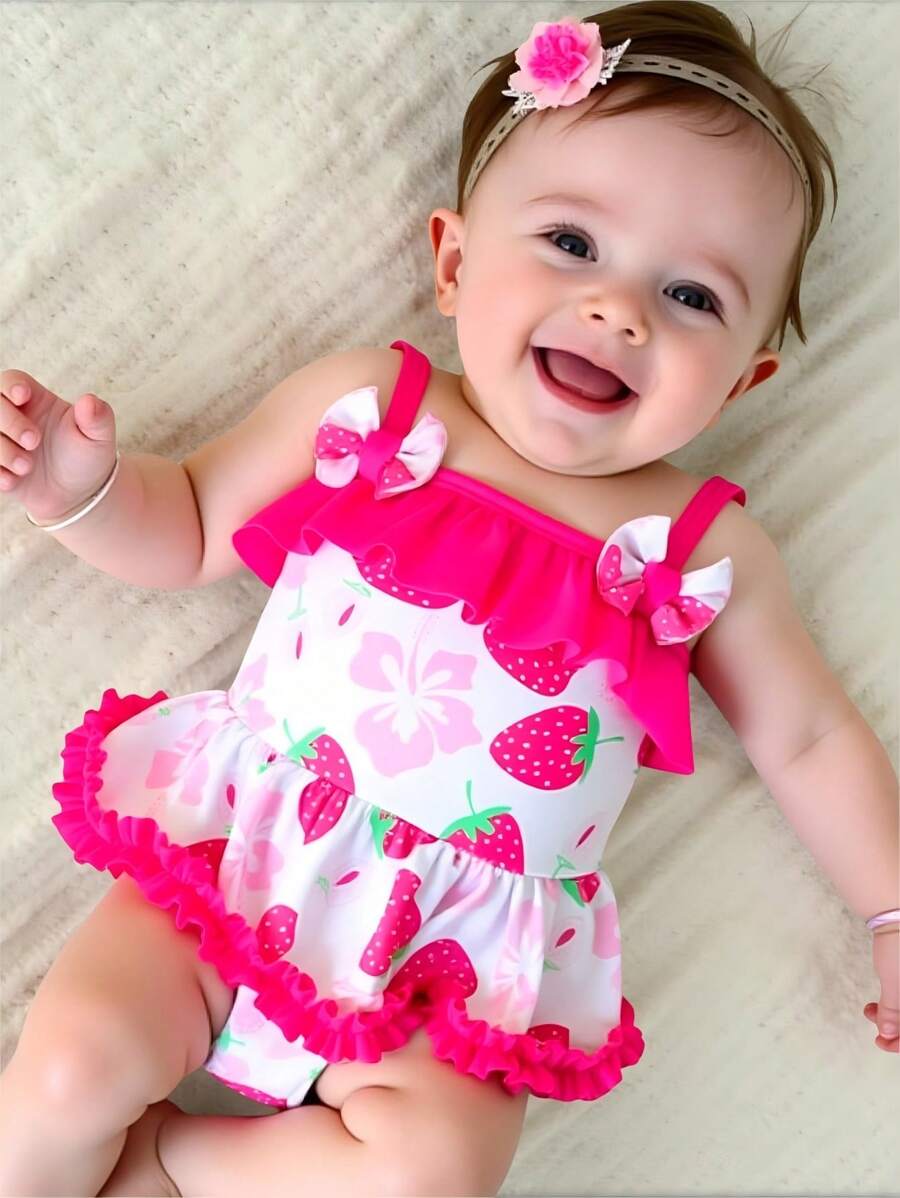 Baby Girl Sweet Strawberry Print Ruffle One-Piece Swimsuit For Beach Vacation, Summer - Pink - View 1