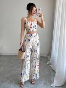 Elenzga Women's Elegant Apricot Ditsy Floral V-Neck Racerback Camisole + Women's Graceful Ditsy Floral Straight Leg Pants, Spring/Summer - Multicolor - View 3