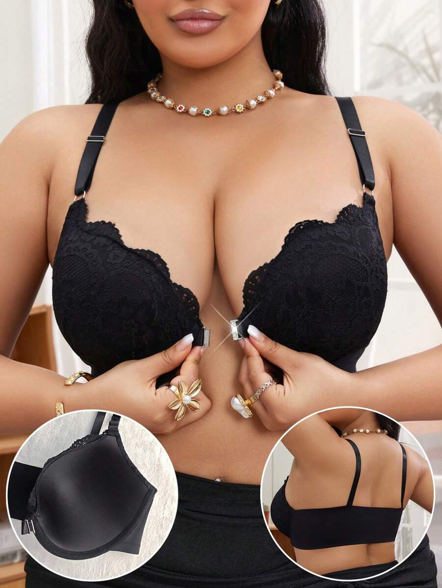 1 Áo ngực ren không gọng cỡ lớn, đóng phía trước, nâng ngực - màu đen - Xem 1