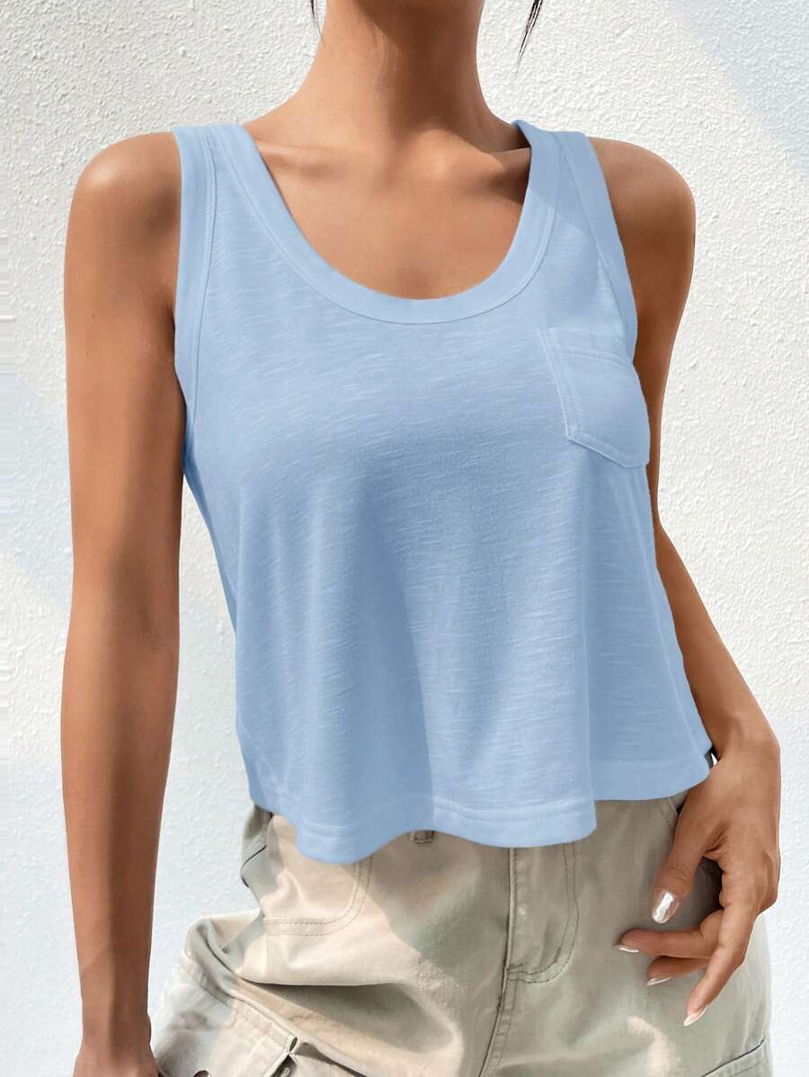 SHEIN Privé Áo ba lỗ dệt kim không tay màu trơn cho nữ, thời trang phù hợp cho mùa hè - Màu xanh nhạt - Xem 1