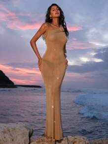 Opulessa Solid Color Knit Asymmetric Collar Fitted Maxi Fish Tail Dress - Gold - View 5