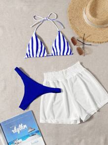 Swim Mod 3pcs Set Fresh Blue & White Striped Top, Blue Bottom And White Cover Up Shorts, Casual Beach Wear For Spring/Summer Vacation, Party, Beach - Blue and White - View 3