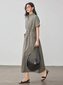 Dazy-Less Vestido sencillo y holgado de largo medio con bolsillo grande, cintura con cordón y estilo casual y elegante para mujeres como vestido de verano