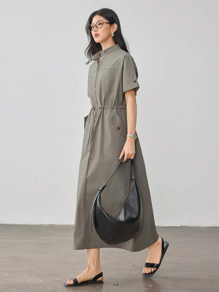 Casual Business Large Pocket Drawstring Waist Loose Simplistic Mid-Length Dress For Women Sundress,Teacher Outfits Maxi Dress