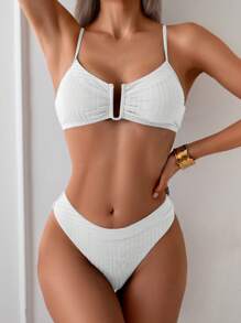 Swim Lushoire Women's Casual Striped Texture Solid Color Bikini Set For Summer Beach Vacation - White - View 5