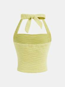 Áo hai dây croptop cổ yếm màu trơn, chất liệu jacquard, dành cho bé gái tuổi teen, kiểu dáng thường ngày, có nơ. - Màu xanh chanh - Xem 2