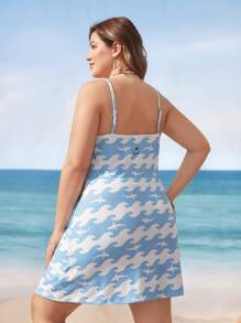 Shark Week X SHEIN Plus Size All-Over Print Spaghetti Strap Dress, Suitable For Summer - Blue and White - View 2