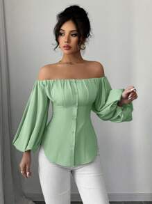 Elenzga Off Shoulder Puff Sleeve Design Blouse - Mint Green - View 3