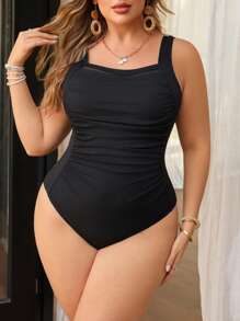 SHEIN Swim Curve Plus Size Women Black Fashion Casual Holiday One-Piece Swimsuit For Summer Beach Vacation