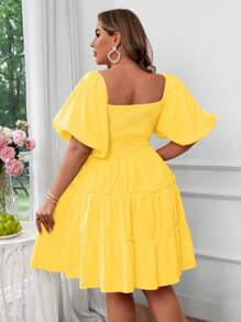 Flirla Plus Size Square Neck Ruffle Lantern Sleeve Mini A-Line Dress With Ruffled Hem, Cute Vintage Elegant Orange Bright Color Dress For Women - Yellow - View 2