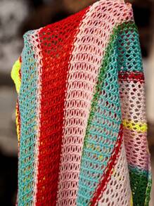 SHEIN Swim Curve Plus Size Women Hollow Out Knit Contrast Color Element Vacation Style Half Apron For Summer - Multicolor - View 6