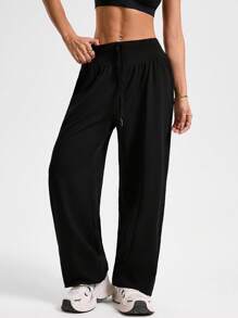 Easithlete Women's Solid Color Drawstring Waist Sports Yoga Wide Leg Pants - Black - View 1