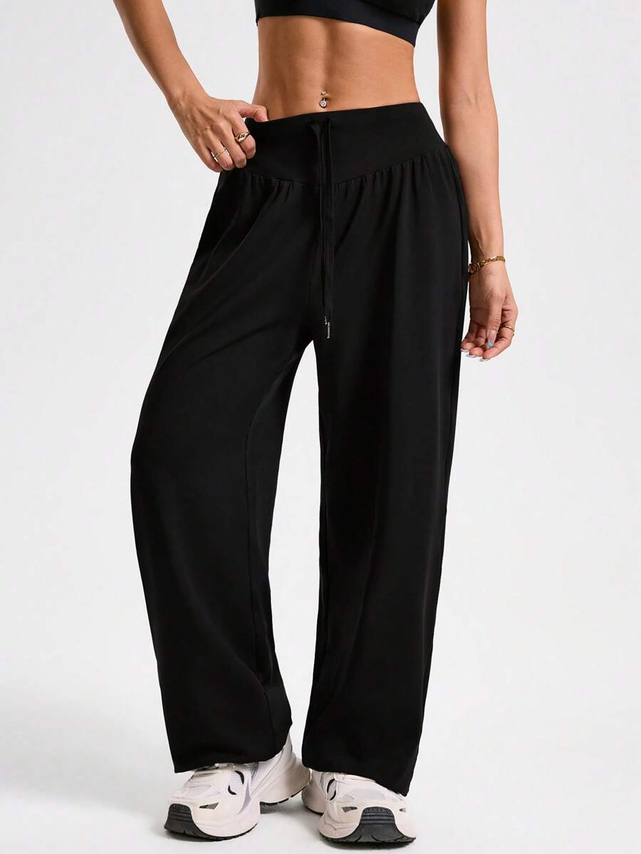 Easithlete Women's Solid Color Drawstring Waist Sports Yoga Wide Leg Pants - Black - View 1