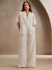 Anewsta 2 件优雅女士镂空刺绣衬衫和裤子套装，适合夏季、度假、节日 - 白色 - 查看 4