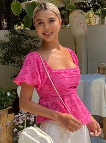 Livesso Blusa de mujer con textura, estilo de resort de playa, con volantes y corte de muñeca para vacaciones - Rosa Fucsia - Ver 2