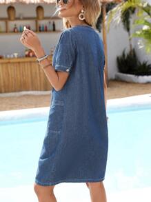 Breezaya 女式休闲度假双口袋牛仔连衣裙 - 中等水洗藍 - 查看 2