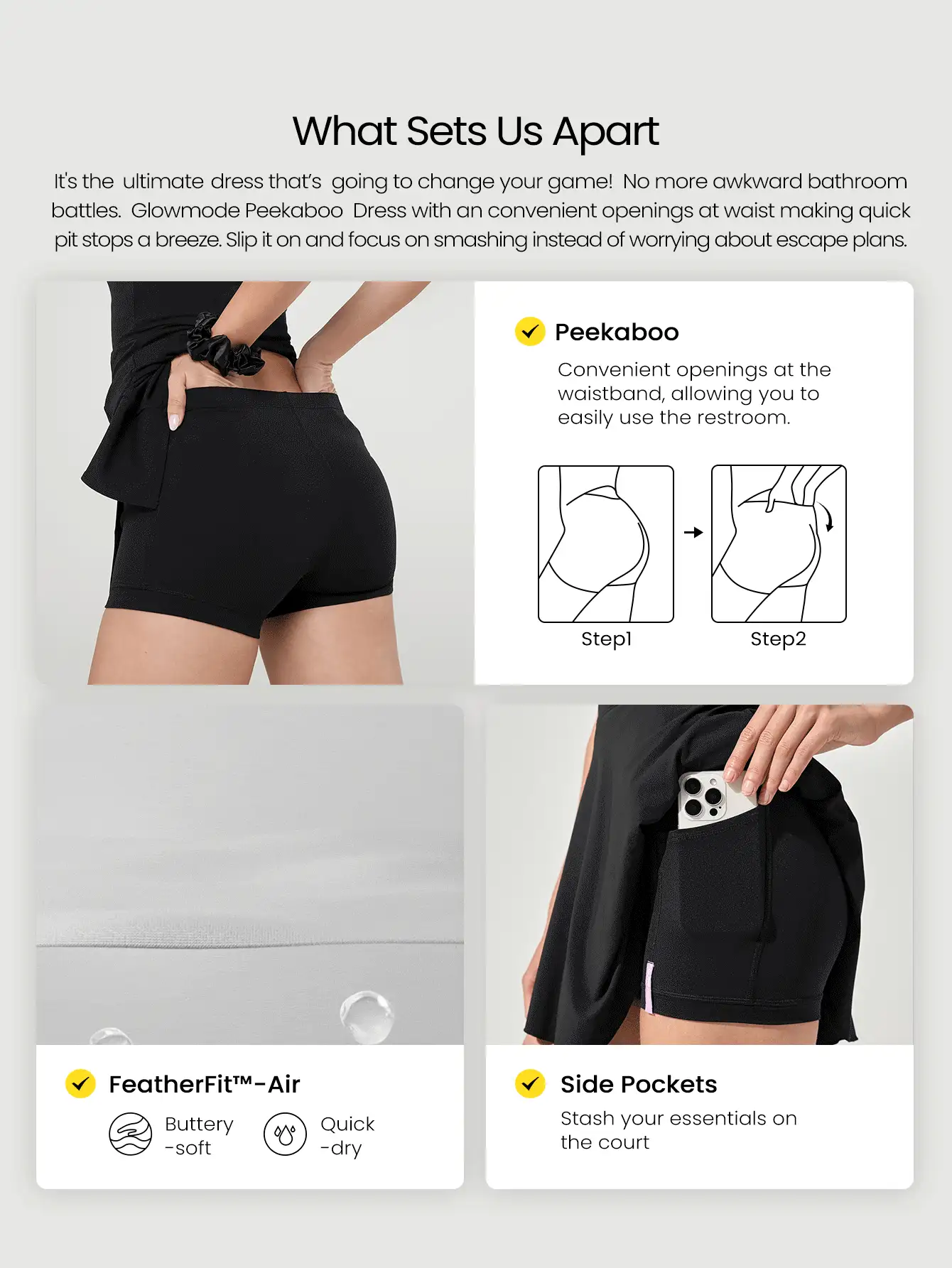 FeatherFit™-Air Dress To Impress Váy thể thao Peekaboo cổ tròn hai lớp, dây đeo vai đôi, có quần short tích hợp, túi bên hông, tay cầm chống trượt, tác động thấp, chơi tennis, chơi golf, chơi bóng chày, mặc hàng ngày - màu đen - Xem 2