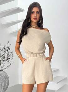 Firerie 2pcs/Set Women Linen Color Asymmetrical Shoulder Ruched Blouse And Shorts Set, With Pockets. Lightweight Linen-Like Loose Pants Set. Asymmetric Shoulder Blouse And Wide-Leg Pants Set, Suitable For Spring/Summer/Autumn, Commuting, Elegant, Casual, Beach, Boho, Hawaiian, Modest,Graduation,Teacher Outfits For Women,Back To School - Khaki - View 6