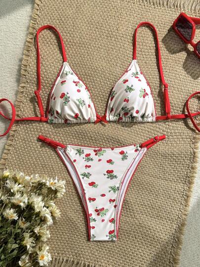 SHEIN Swim Bộ bikini xếp nếp màu đỏ in họa tiết quả anh đào ngọt ngào cho kỳ nghỉ hè của phụ nữ