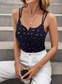 SHEIN LUNE Women Casual Knitted Ribbed Ditsy Floral Bodysuit With Spaghetti Strap, Everyday Basic Outfit, Summer - Black - View 6