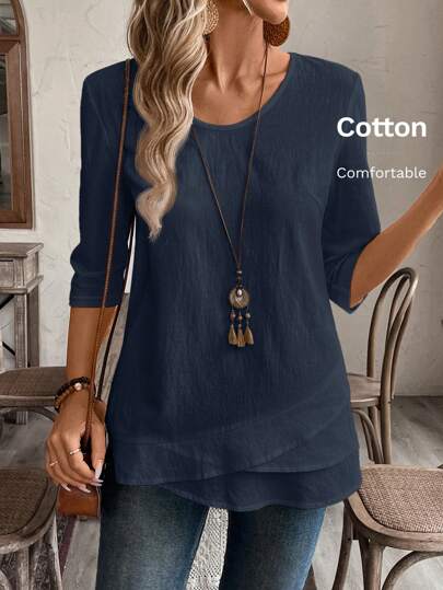 EMERY ROSE Fall Women Clothes Crew Neck Long Sleeve Floral All-Over Print Casual Top,Ladies Casual High Low Half Sleeve Round Neck Regular Fit Regular Navy Blue Regular Sleeve Top Women Blouses,Spring/Fall ,Casual Daily Wear