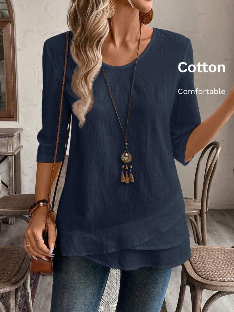 Fall Women Clothes Crew Neck Long Sleeve Floral All-Over Print Casual Top,Ladies Casual High Low Half Sleeve Round Neck Regular Fit Regular Navy Blue Regular Sleeve Top Women Blouses,Spring/Fall ,Casual Daily Wear