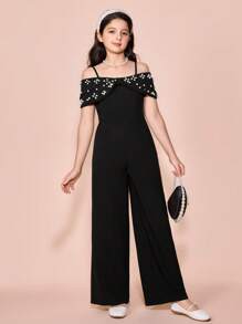 Pitira Pitira Tween Girls' Elegant Black Knit Butterfly Bead Decor Camisole Jumpsuit, Summer - Black - View 3