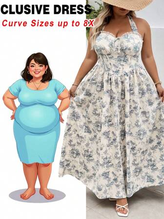 SHEIN CURVE+ 加大码蓝色碎花长款无袖连衣裙，适合音乐节、夏季波西米亚风度假