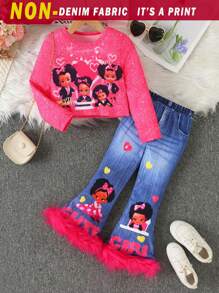 SHEIN 2 件套年轻女孩街头时尚圆领长袖短款女孩肖像 T 恤和松紧腰女孩肖像牛仔效果喇叭裤，春秋 - 玫紅色 - 查看 1