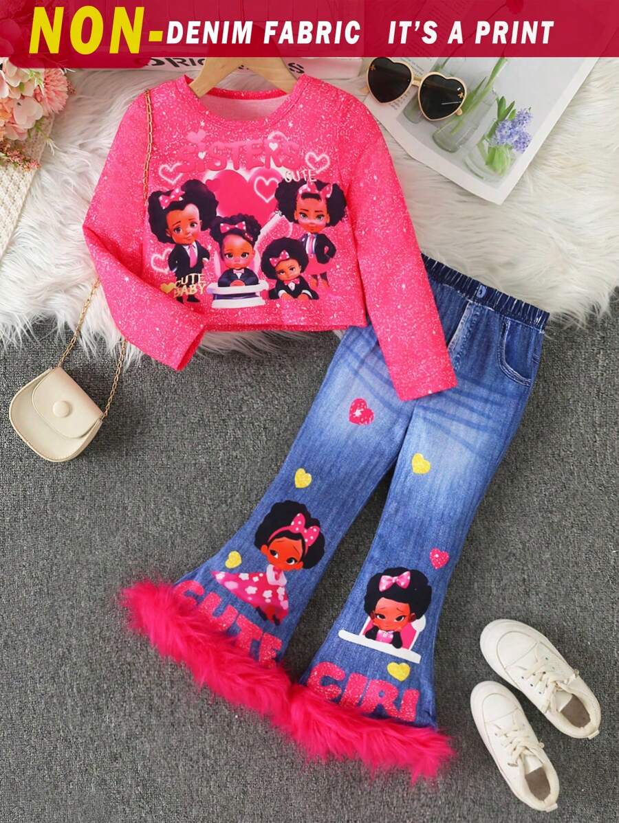 SHEIN 2 件套年轻女孩街头时尚圆领长袖短款女孩肖像 T 恤和松紧腰女孩肖像牛仔效果喇叭裤，春秋 - 玫紅色 - 查看 1