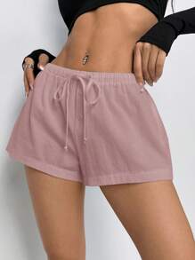 SHEIN PETITE Pantalones cortos casuales sueltos de mujer con cordón en la cintura y unicolor