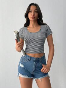 RueChic Damen Multipack Weich Gestreift Rundhals Lässig Passform T-Shirt