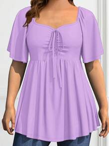 SHEIN Clasi Camiseta de manga corta de talla grande, de unicolor, con cintura ajustada, para el verano - Púrpura malva - Ver 1