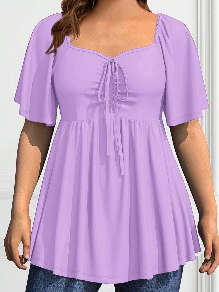 SHEIN Clasi Camiseta de manga corta de talla grande, de unicolor, con cintura ajustada, para el verano - Púrpura malva - Ver 1