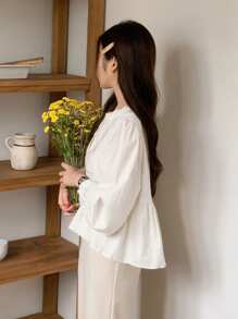 DAZY Women's Contrast Lace Long Sleeve White Ruffle Collar Blouse Shirt, Spring/Autumn - White - View 5