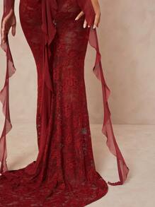 Lumalex Outing Summer Swimsuit Swimwear Swim Vacation Easter Bohemian BOHO Sea Beach Hot Outdoor Richly Layered Wedding Season Banquet Coming Of Age Ceremony Beach Seaside Women's Lace Low-Cut Spaghetti Strap Ruffle Hem Cross Back Mermaid Dress With Train Prom Dresses For Woman Women Formal Prom Dresses For Women - Red Violet - View 4