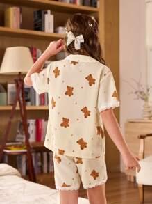 SHEIN Conjunto de pijama corto con manga corta para niñas preadolescentes, con estampado de osito y luna, con parches de encaje y volantes