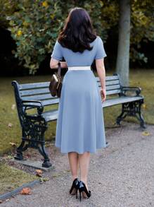 Vintamour 复古优雅女装夏季秋季修身拼色领蝴蝶结连衣裙短袖喇叭裙感恩节女装秋季服装优雅女装情人节夏季生日女装连衣裙女装优雅蝴蝶结情人节夏季女装教堂服装