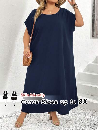 SHEIN CURVE+ Kvinnor Plus Size Black Batwing Sleeve Casual Loose Beach Dress