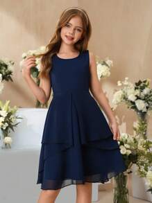 SHEIN Váy xòe viền màu trơn cho bé gái, thích hợp cho đám cưới, tiệc tùng, những dịp trang trọng - Màu xanh lam - Xem 8