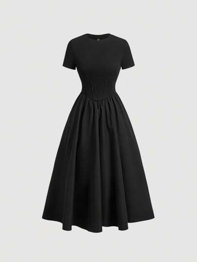 SHEIN PETITE Women's Solid Color Round Neck Short Sleeve Cinched Waist Elegant Long Dress,Summer Dresses For Women