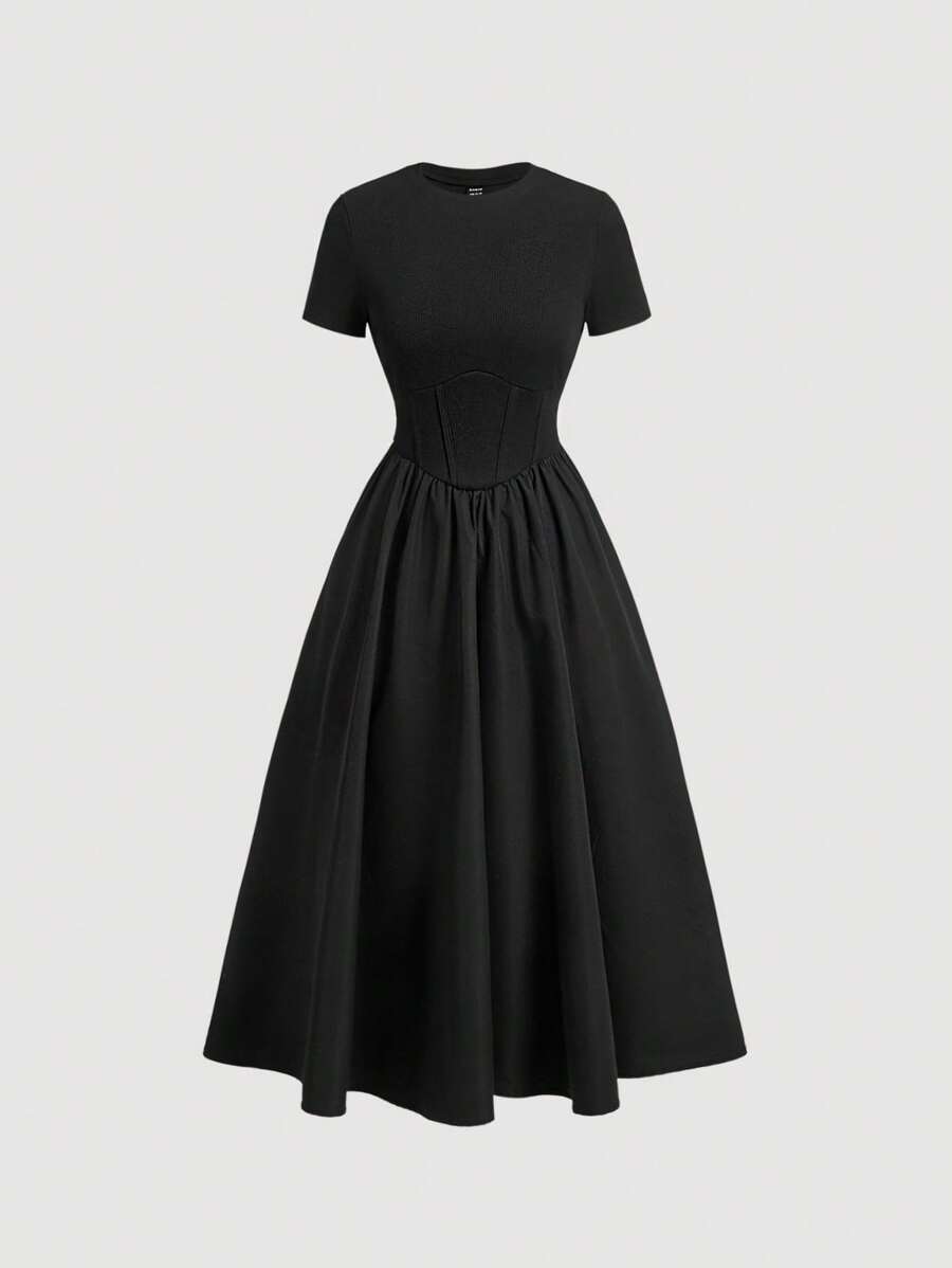 SHEIN PETITE Women's Solid Color Round Neck Short Sleeve Cinched Waist Elegant Long Dress,Summer Dresses For Women - Black - View 1