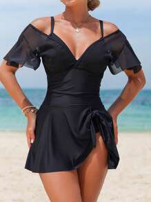Swim Lushoire V-Neck Ruffled Sleeve Mesh Patchwork Solid Color One-Piece Swimwear Dress For Women, Summer New Arrival - Black - View 5