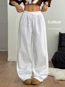 Coolane Kvinnors vår dagliga slitage Casual Basic 100% bomull elastiska midjebyxor - Vitt - Visa 3