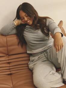 Aralina Curve Ribbed Button Front Long Sleeve Casual Spring Outfits Women Top - Light Grey - View 5