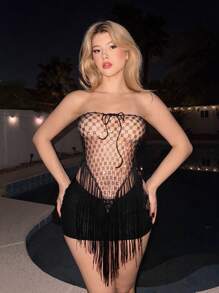 EgrlEra Women's Sexy Fishnet Rhinestone Tassel Hem Bandeau Top, Suitable For Music Festivals And Bar Parties - Black - View 5