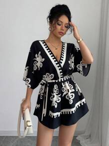 Breezaya 女式复古印花 V 领收腰蝙蝠袖连体裤 - 黑色 - 查看 6